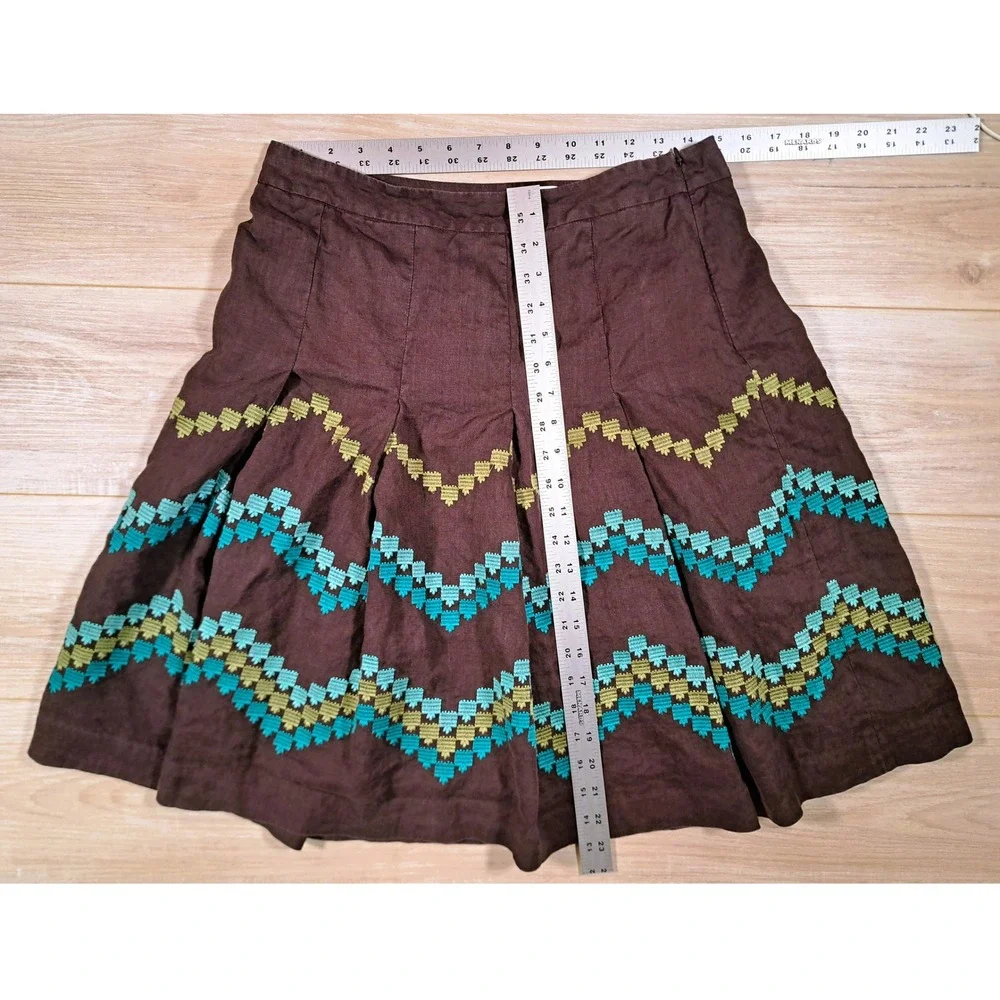 Ann Taylor Loft Brown Linen Embroidered Chevron A-Line‎ Boho Teal Skirt Size 8